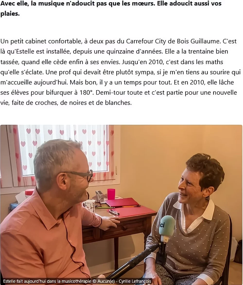 Article du média Ici Normandie: Estelle Varnier évoque ses pratiques de musicothérapeute et magnétiseuse.