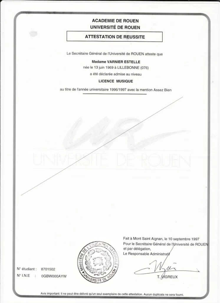 Diplôme de Licence en musicologie délivrée à Estelle Varnier, par l'université de Rouen le 10/09/1997